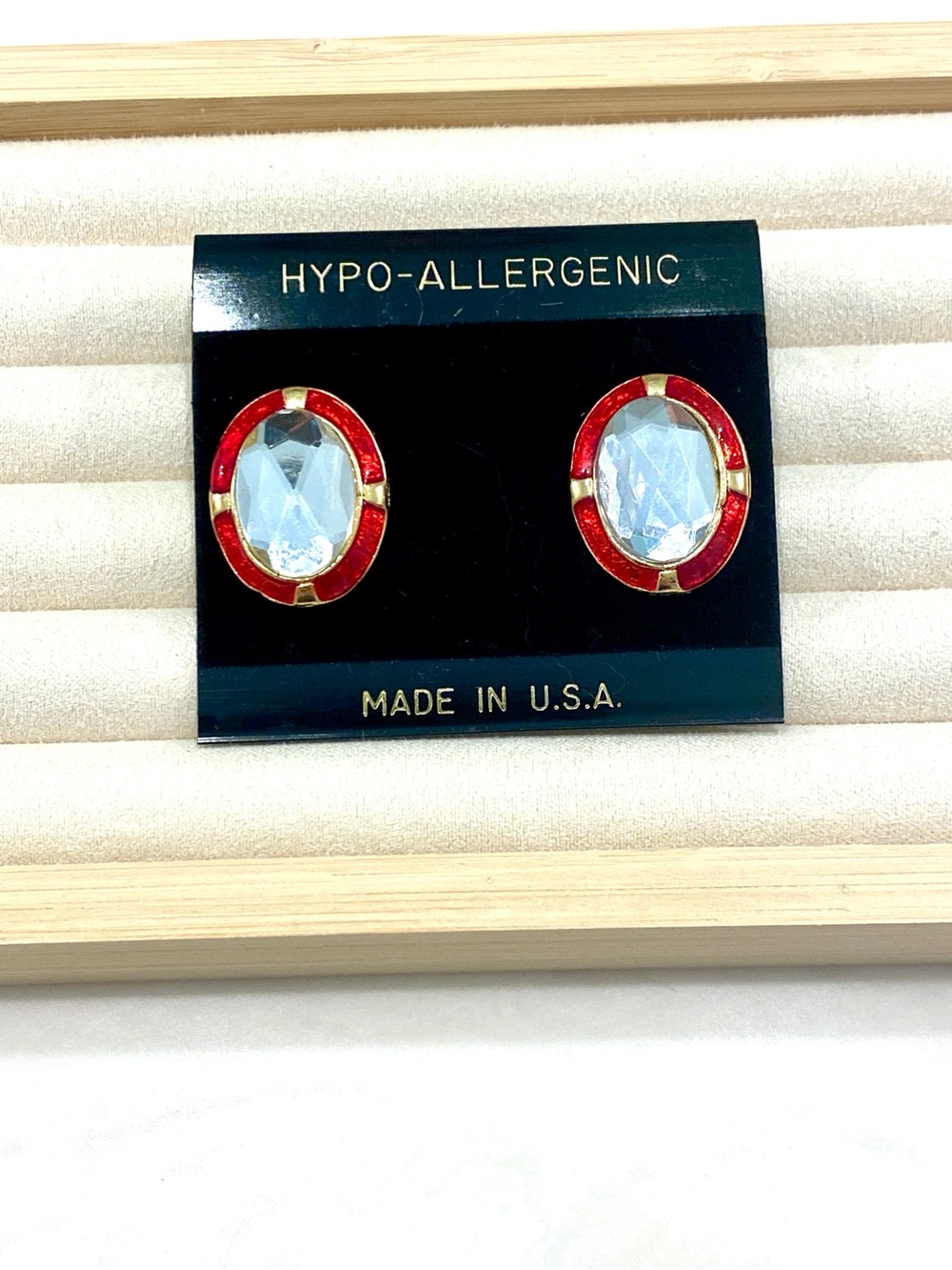 Vintage Crystal Center Oval Stud Earrings with Red Enamel Accents
